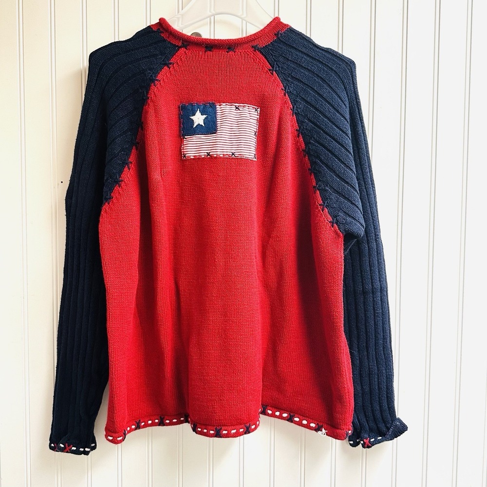 Karen Scott Sport Large Red White Blue Sweater USA Flag July 4th Bear Cotton - Picture 2 of 7
